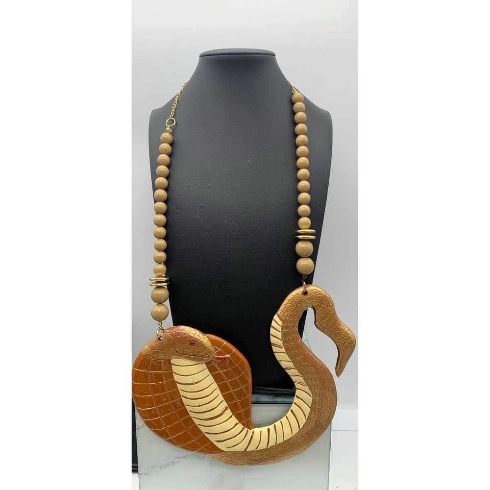 Vintage Very Large Handpainted Resin Cobra Snake Pendant Beaded Necklace 18-20"